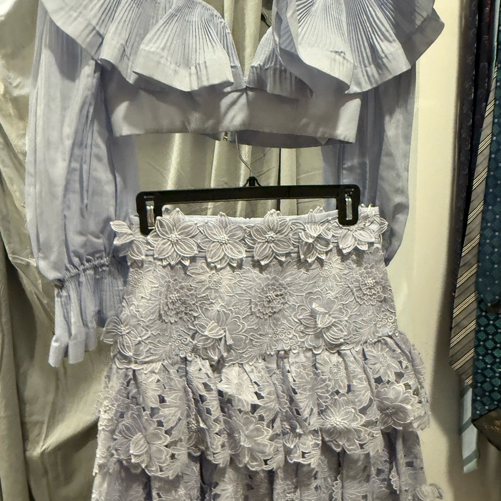 Zimmermann Lavender Floral Lace Mini Skirt and top